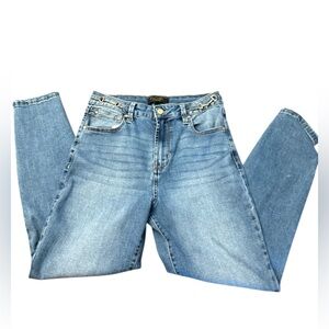 RACHEL Rachel Roy Blue Denim Jeans w Gold Tone Chain Accent at Waist Sz 8/29 EUC